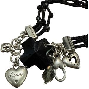 Brighton Karma Cross Hearts Black Cord Multi Strand Charm Bracelet 7-8"